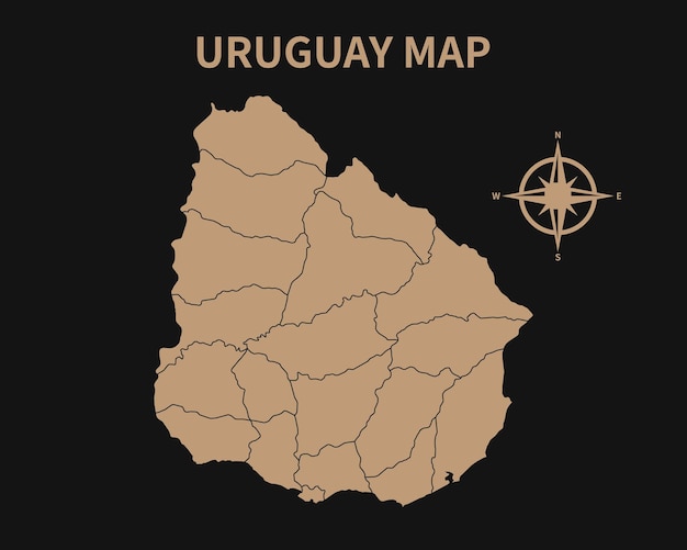 Detailed Old Vintage Map of Uruguay with compass and Region Border isolated on Dark background