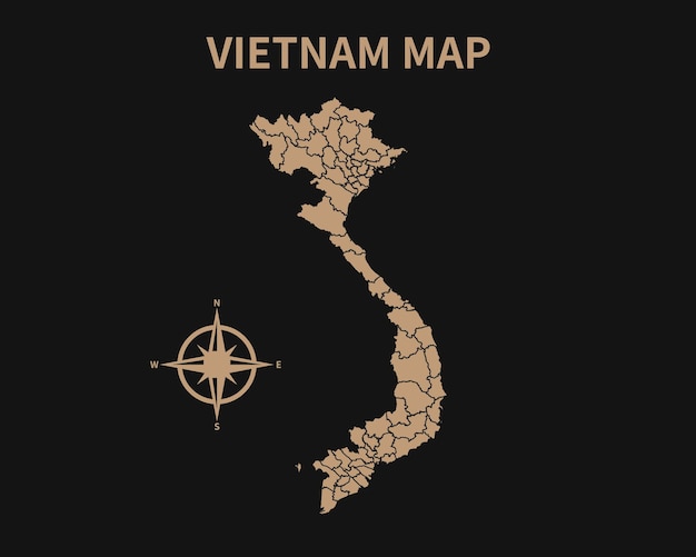 Detailed Old Vintage Map of Vietnam with compass and Region Border isolated on Dark background