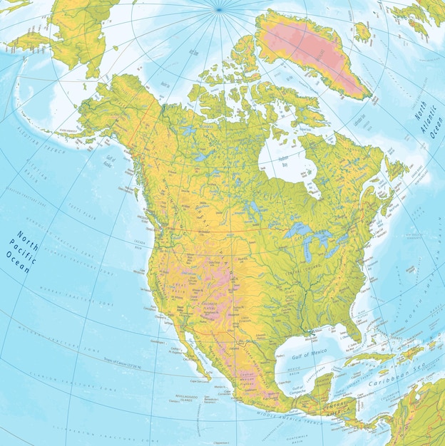 Vettore mappa fisica dettagliata del nord america