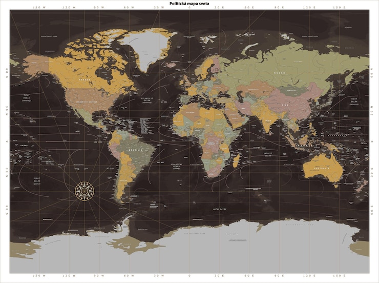 Vector detailed political world map slovak language miller projection