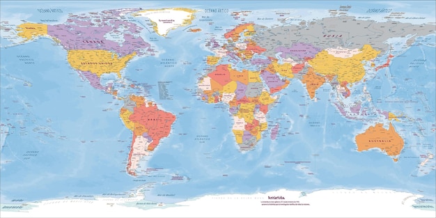 Vector detailed political world map spanish language equirectangular projection