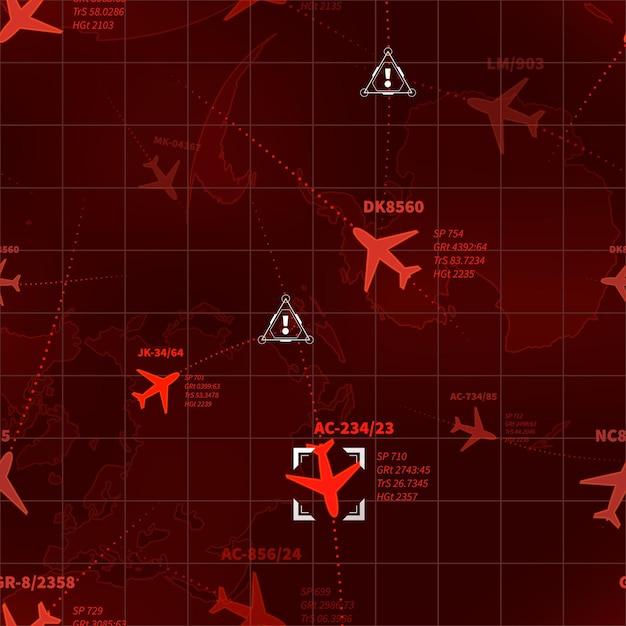 ベクトル 飛行機のトレースとターゲットサインのシームレスなパターンで詳細な赤い軍事レーダー