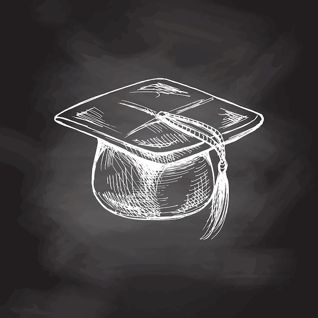 Detailed retro style graduate's hat sketch on chalkboard background