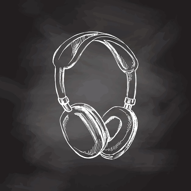 Detailed retro style headphones sketch on chalkboard background