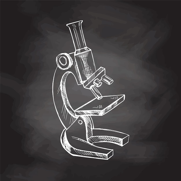 Подробный эскиз микроскопа в стиле ретро на фоне классной доски