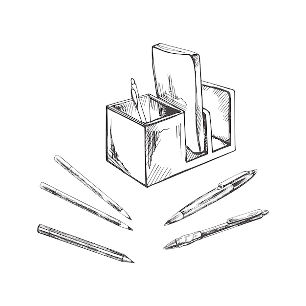 Detailed retro style plastic box with stationery and writing tools sketch Vintage sketch element