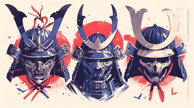 Vector detailed samurai helmets with crests