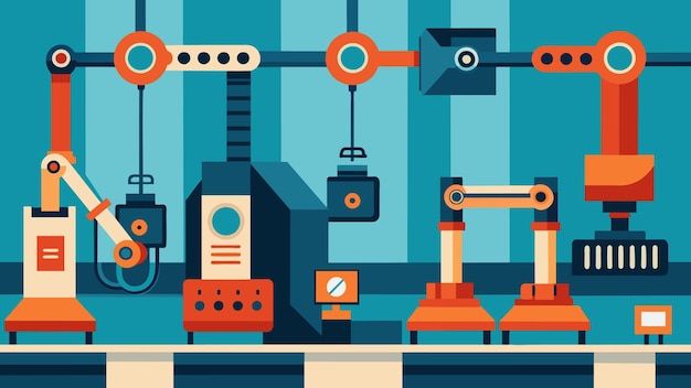 A detailed shot of a robotic assembly line with a maze of wires and cables connecting the various