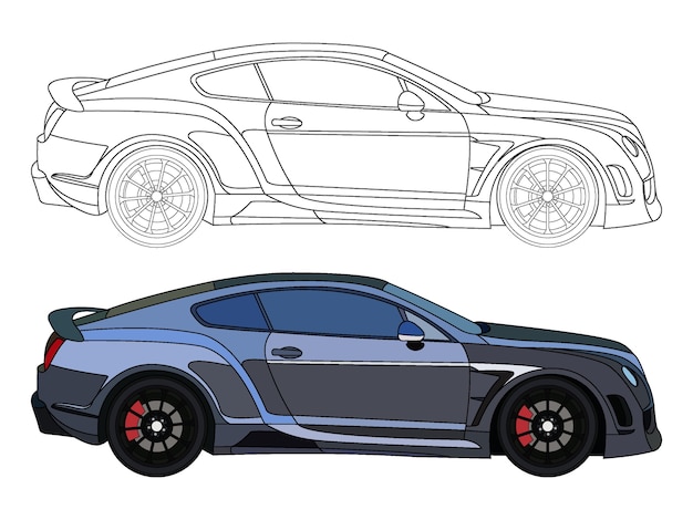 Lato dettagliato di auto berlina blu nero con opzione tratto nero per libro a colori personalizzabile