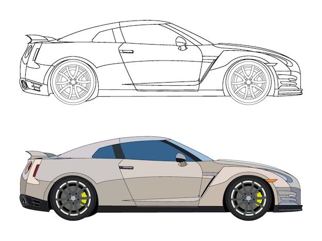 Vettore lato dettagliato di auto sportiva color crema con opzione di corsa nera per un libro a colori personalizzabile