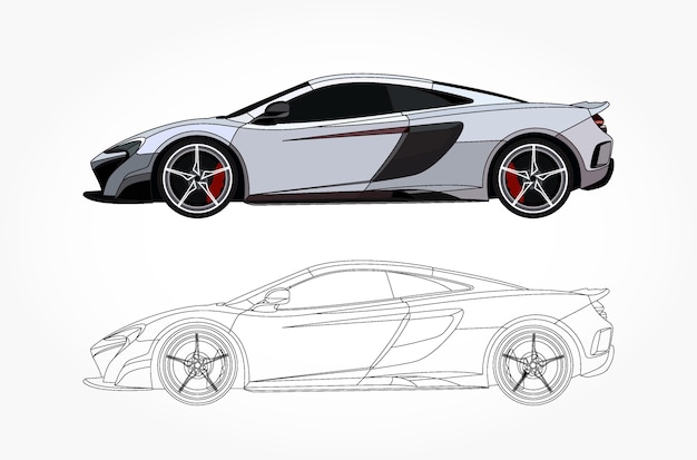 Detailed side of white sports car with black stroke option for customable color book