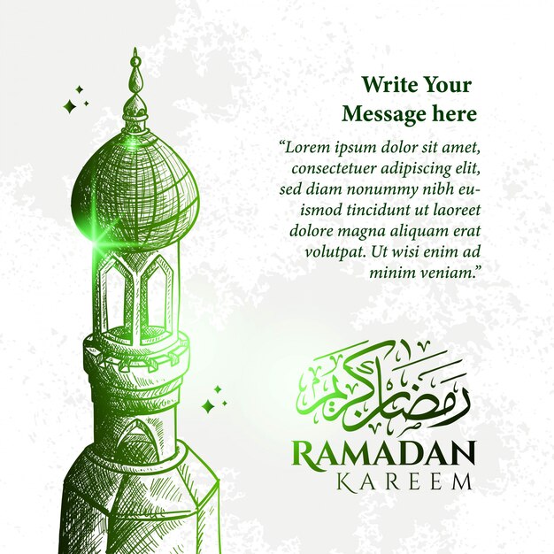 Detailed Sketch Illustration of Mosque Tower in Blue Color for Ramadan Kareem with  Background and  text.
