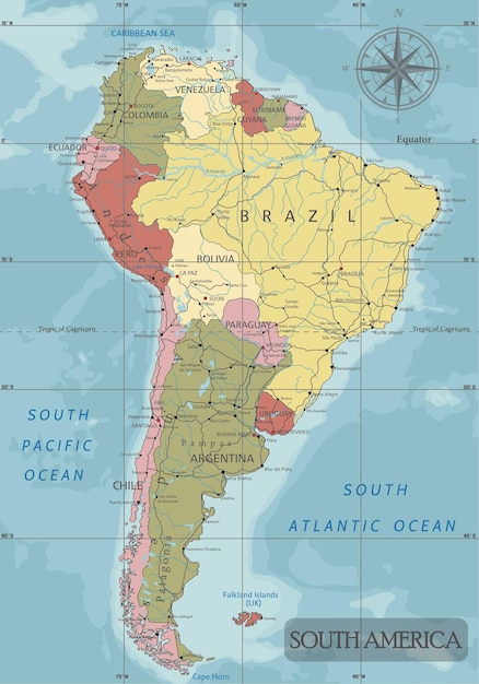 Вектор Подробная политическая карта южной америки в проекции меркатора четко обозначенные отдельные слои