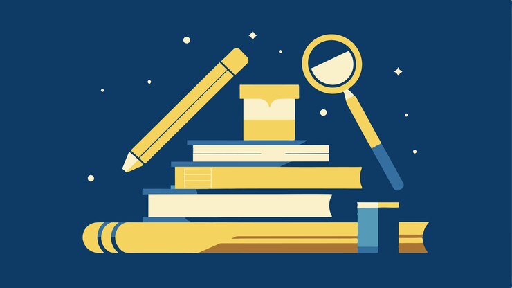 Vector detailed study stack of books magnifying glass and pencil arrangement
