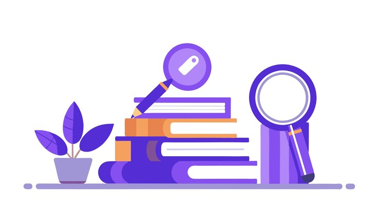 Vector detailed study stack of books magnifying glass and pencil arrangement