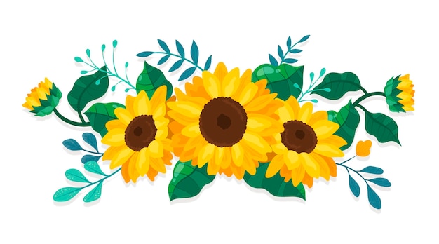 Detailed sunflower border with green leaves