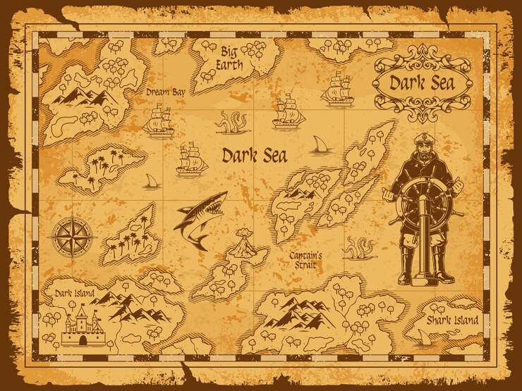 Vector detailed treasure map of the dark sea region