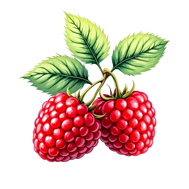 Vector detailed vector illustration of a fresh raspberry with leaves