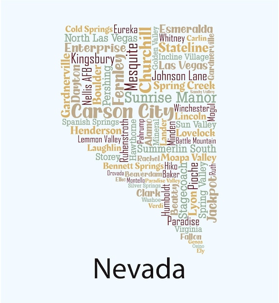 Detailed vector map of Nevada with the names of all the counties and cities