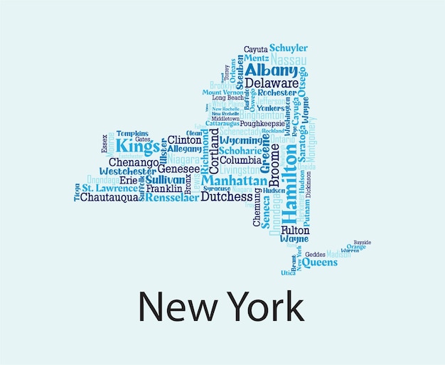 すべての郡と都市の名前を含むニューヨークの詳細なベクトル地図
