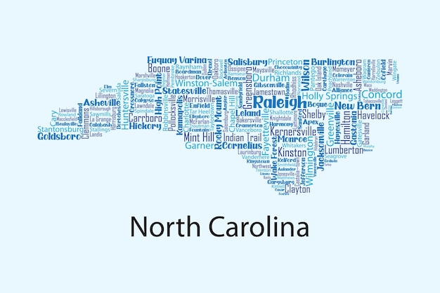 Mappa vettoriale dettagliata della carolina del nord con i nomi di tutte le contee e città