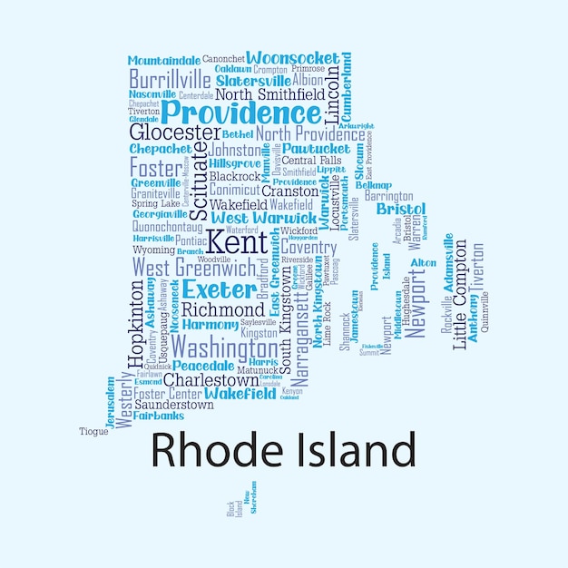 Detailed vector map of Rhode Island with the names of all the counties and cities