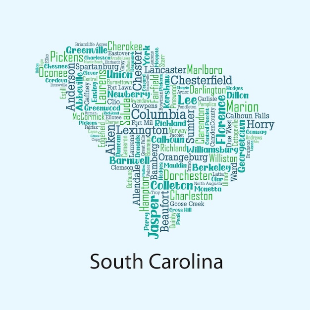 すべての郡と都市の名前を含むサウスカロライナ州の詳細なベクトル地図