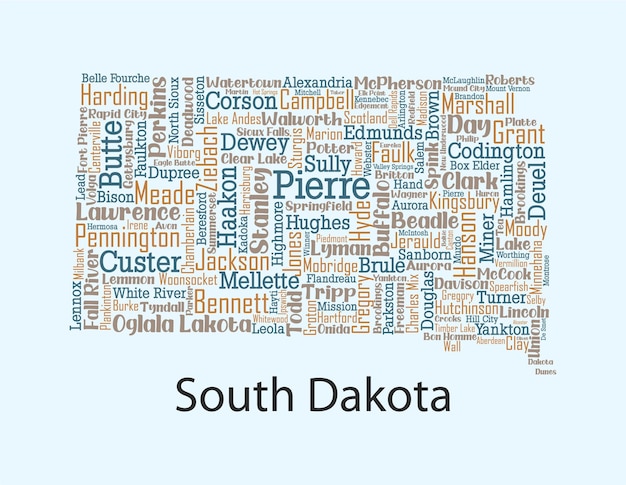 Detailed vector map of South Dakota with the names of all the counties and cities