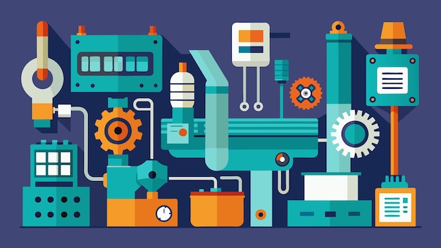 Vettore una visione dettagliata dei macchinari e degli attrezzi specializzati utilizzati nelle microfactorie progettate per il massimo