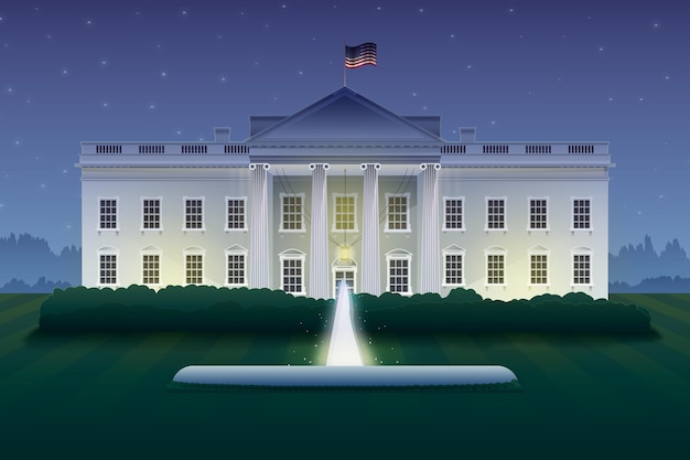 Detailed white house at night