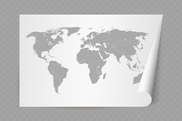 Vector detailed world map with borders of states on white sheet of paper with curled corner illustration