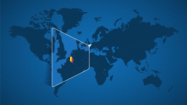 Detailed world map with pinned enlarged map of Belgium and neighboring countries. Belgium flag and map.