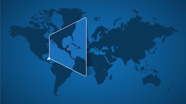 ベリーズと近隣諸国のピン留めされた拡大地図を含む詳細な世界地図。ベリーズの国旗と地図。