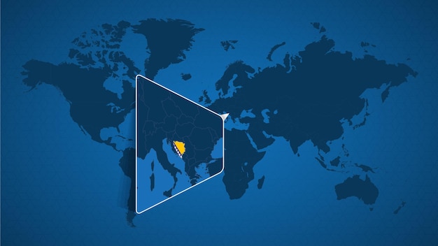 Detailed world map with pinned enlarged map of bosnia and herzegovina and neighboring countries. bosnia and herzegovina flag and map.