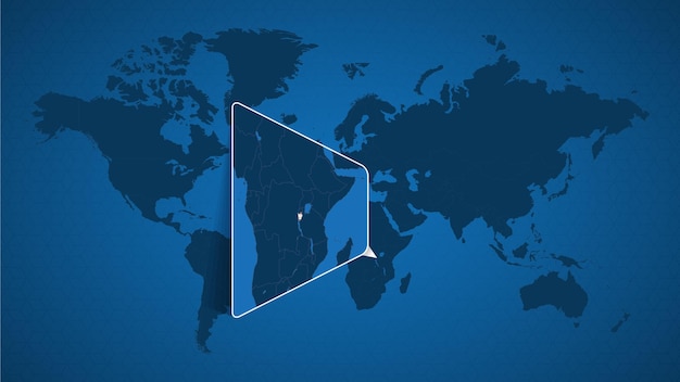 Detailed world map with pinned enlarged map of Burundi and neighboring countries. Burundi flag and map.