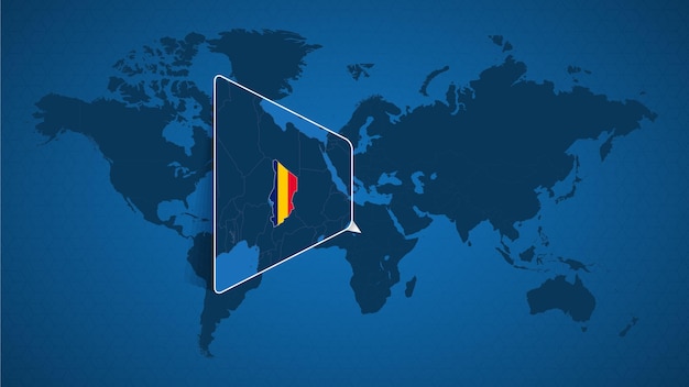 Подробная карта мира с прикрепленной увеличенной картой Чада и соседних стран. Флаг и карта Чада.