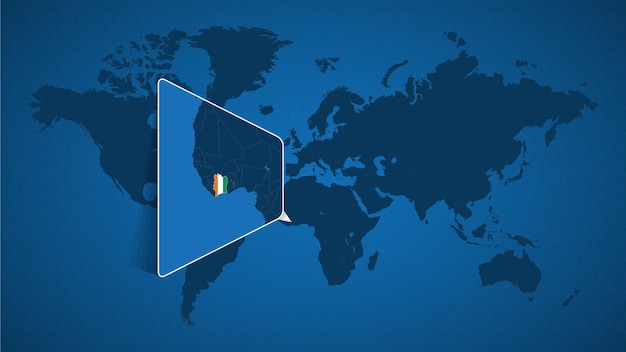 Detailed world map with pinned enlarged map of ivory coast and neighboring countries. ivory coast flag and map.