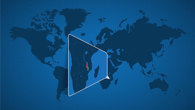 Detailed world map with pinned enlarged map of Malawi and neighboring countries. Malawi flag and map.