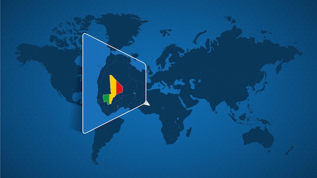 Detailed world map with pinned enlarged map of Mali and neighboring countries. Mali flag and map.