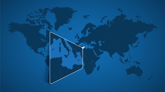 マルタと近隣諸国のピン留めされた拡大地図を含む詳細な世界地図。マルタの旗と地図。