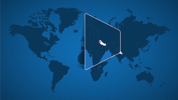 Detailed world map with pinned enlarged map of Nepal and neighboring countries. Nepal flag and map.