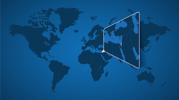 Вектор Подробная карта мира с прикрепленной увеличенной картой израиля и соседних стран. флаг и карта израиля.