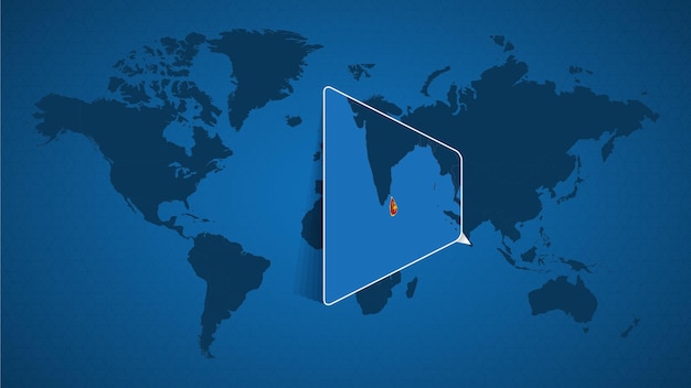 スリランカと近隣諸国の拡大地図を固定した詳細な世界地図。スリランカの旗と地図。