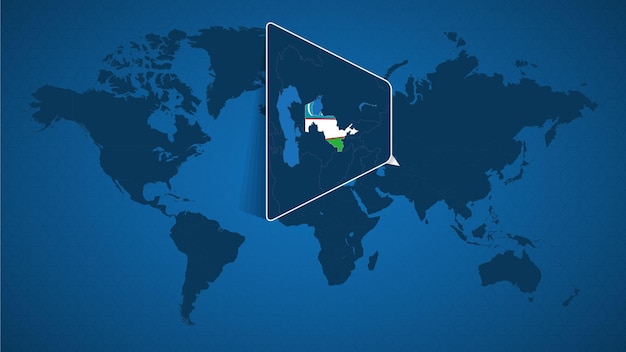 ウズベキスタンと近隣諸国の拡大地図を固定した詳細な世界地図。ウズベキスタンの旗と地図。