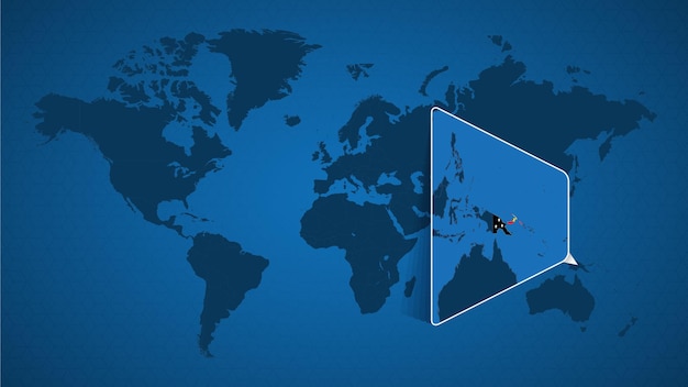 Detailed world map with pinned enlarged map of Papua New Guinea and neighboring countries. Papua New Guinea flag and map.