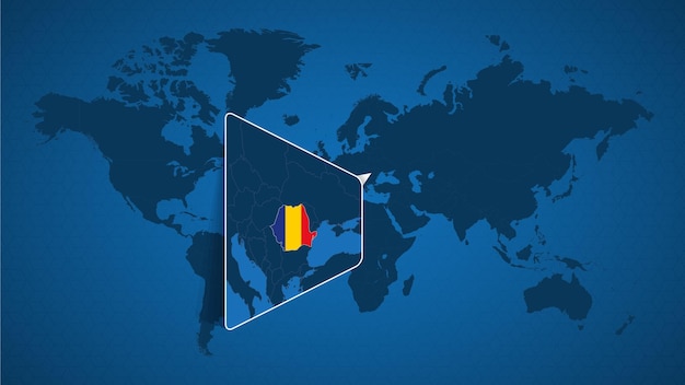 Detailed world map with pinned enlarged map of romania and neighboring countries. romania flag and map.