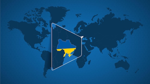 Mappa del mondo dettagliata con mappa ingrandita appuntata dell'ucraina e dei paesi limitrofi. bandiera e mappa dell'ucraina.