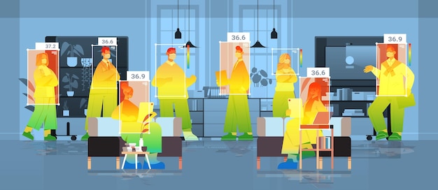 Detecting elevated body temperature of businesspeople in office checking by non-contact thermal ai camera stop coronavirus