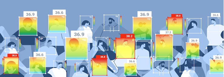 Vector detecting elevated body temperature of people checking by non-contact thermal ai camera stop coronavirus outbreak