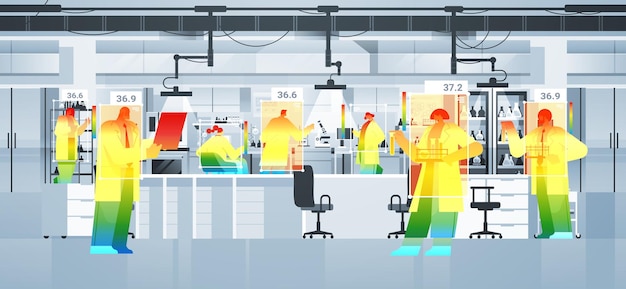 Vector detecting elevated body temperature of scientists in lab checking by non-contact thermal ai camera stop coronavirus outbreak concept horizontal vector illustration